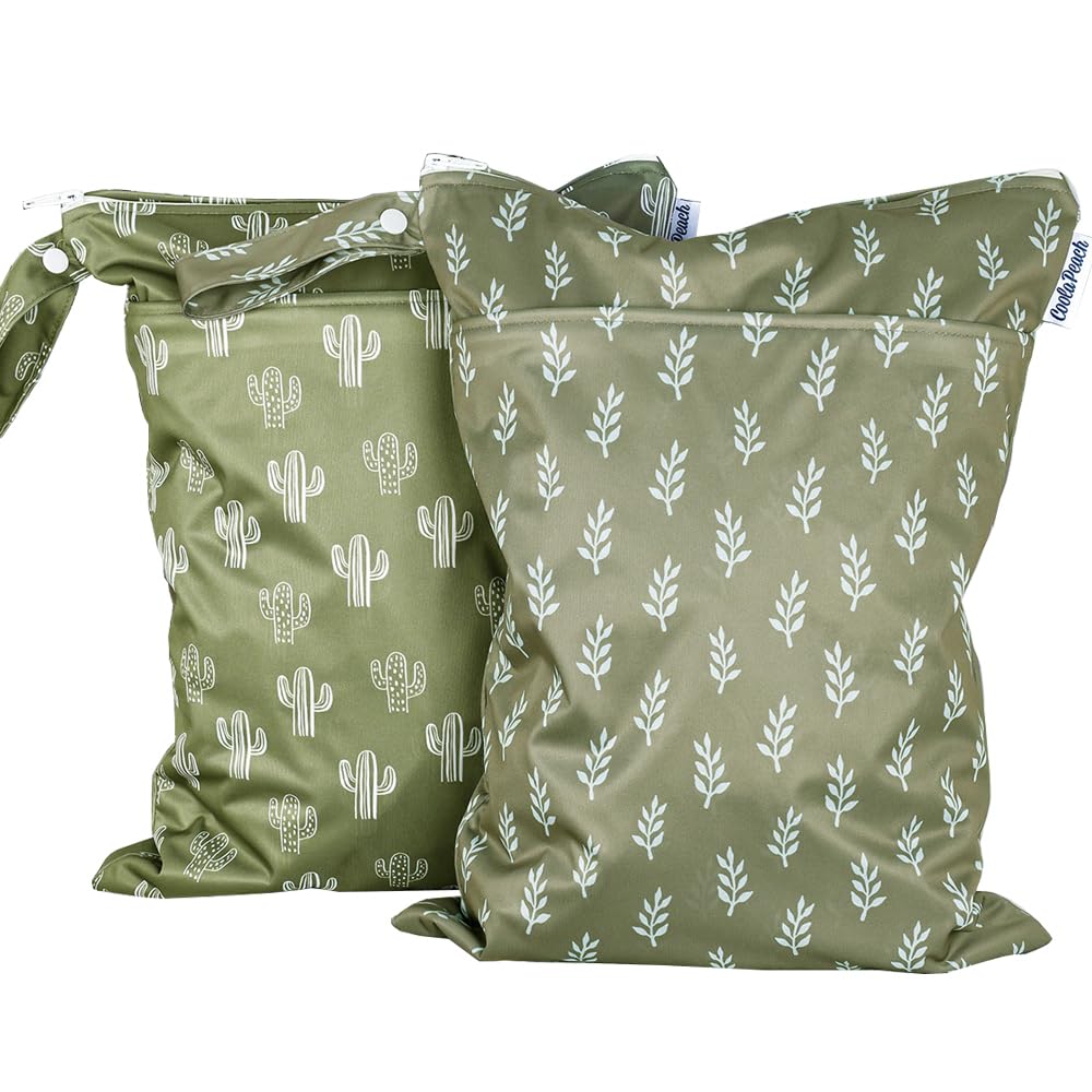 2 pcs/set Wet Dry Bags for Baby Cloth Diapers - Reusable, Washable for Stroller, Diapers, Toiletries, Travel Bags, Beach, Pool, Gym Bag with Two Zippered Pockets 11.8 * 15.7 inch (Green&Cactus)