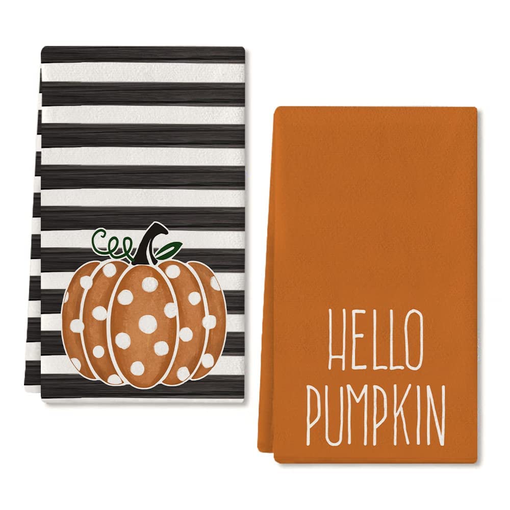 ARKENY Fall Kitchen Towels Set of 2,Orange Polka Dot Pumpkin Fall Decor