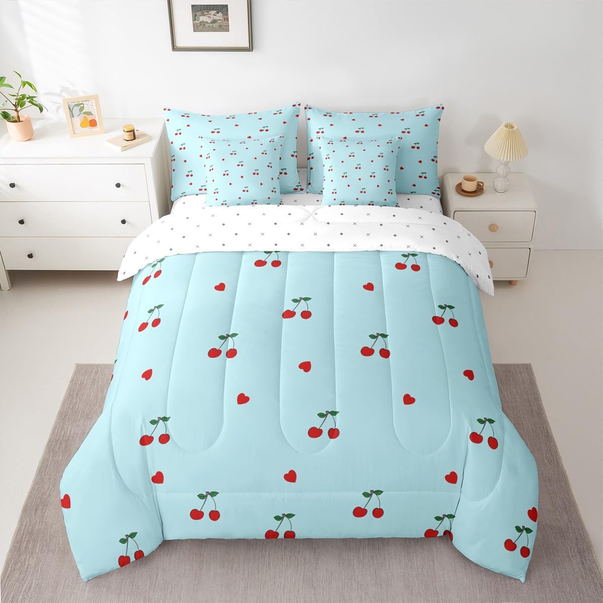 Erosebridal Kids Red Cherry 7 Pieces Bedding Set Twin,Cute Cherry Pattern Bed in a Bag,Yummy Fruit Love Hearts Bed Set Includes Comforter,Sheet Set,Pillowcases & Pillow Covers,Blue Red Bedroom Decor