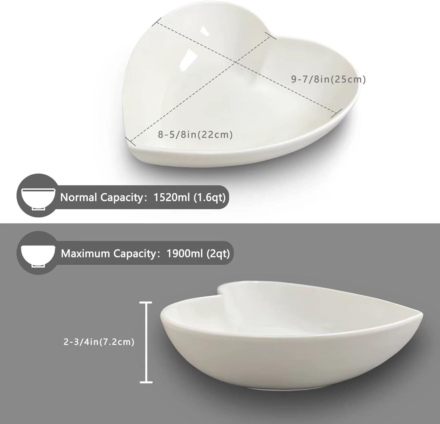 Large Porcelain Heart Bowls White Deep Heart Shaped Plates for Salad/Fruit/Pasta or Baking Romantic Cake, 10 Inch, 2 pcs