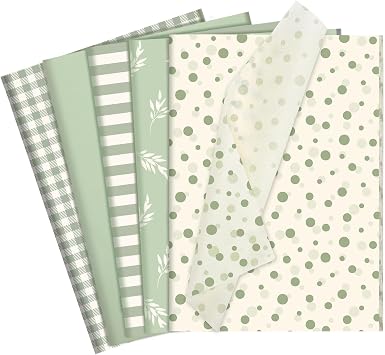60 Sheets Green Tissue Paper for Gift Bags, 14 * 20in Sage Green Botanical Stripe Dot Gift Wrapping Tissue Bulk for Wedding Baby Shower Birthday Party Decoration DIY Crafts Packaging