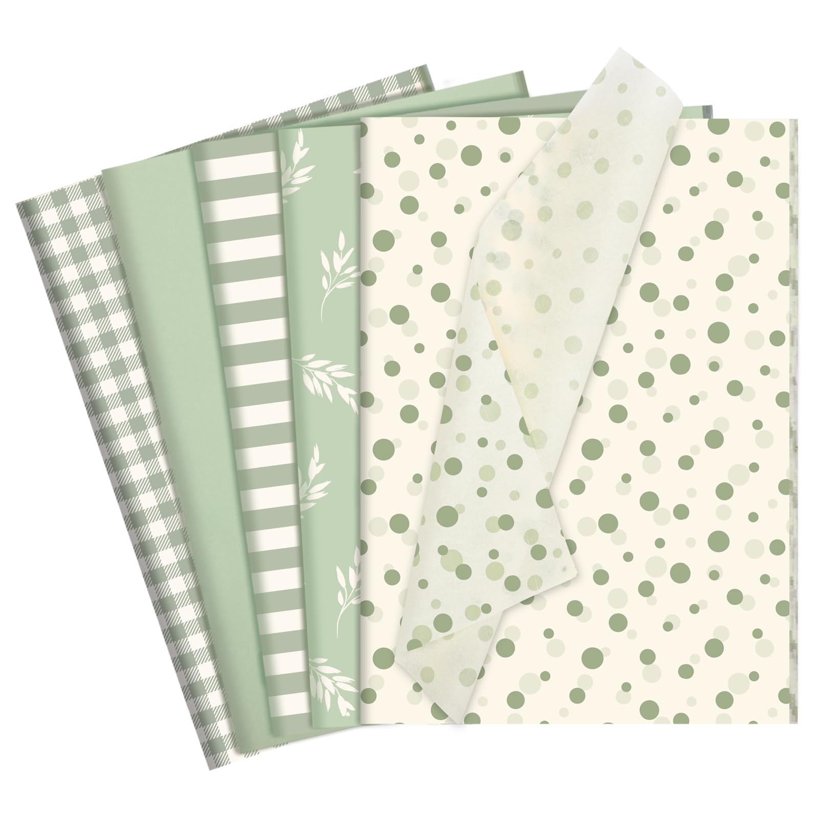 60 Sheets Green Tissue Paper for Gift Bags, 14 * 20in Sage Green Botanical Stripe Dot Gift Wrapping Tissue Bulk for Wedding Baby Shower Birthday Party Decoration DIY Crafts Packaging