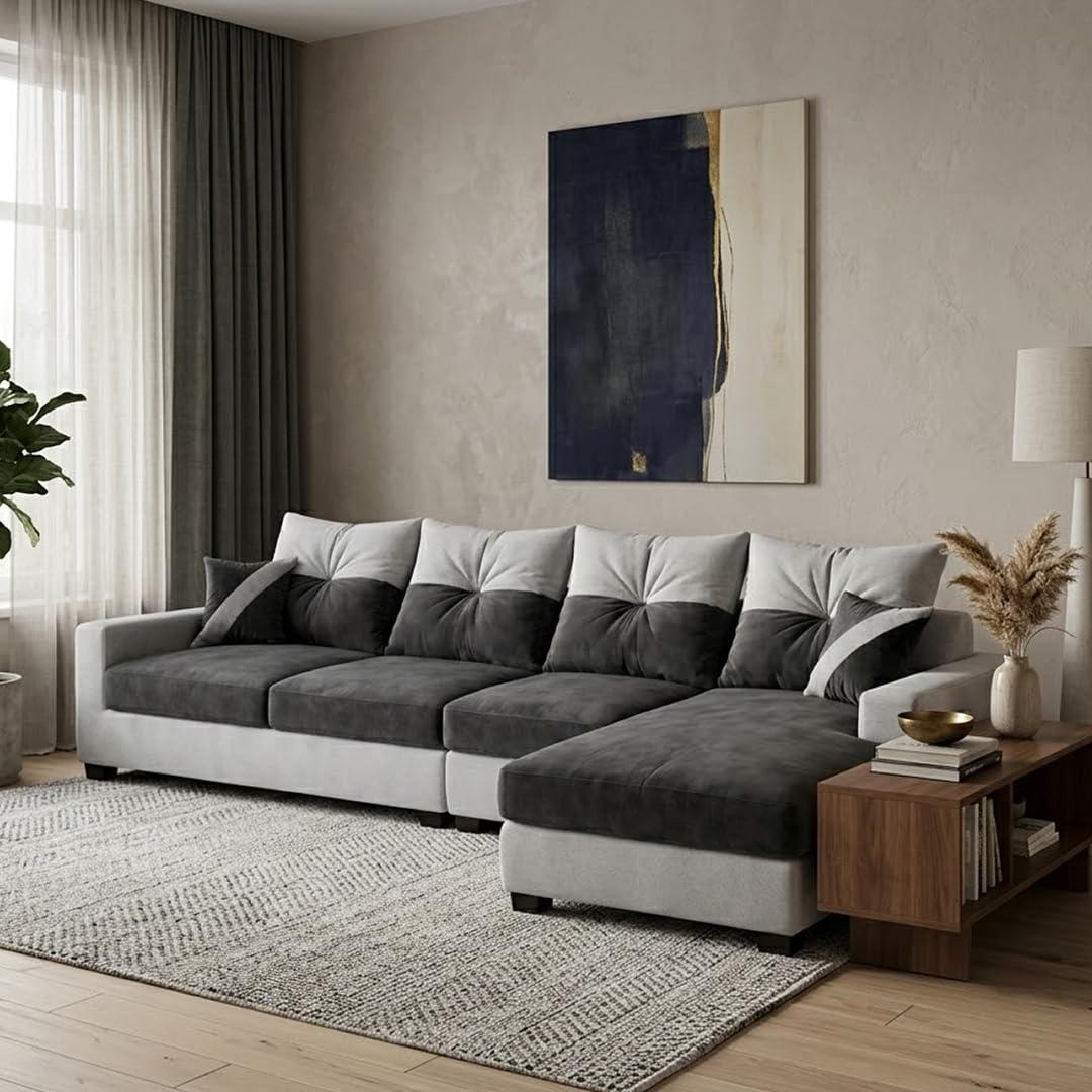 FURNY Amanta 6 Seater RHS Fabric Sofa Set (Dark Gray - Light Gray) with Velvet Finish | Durable Comfort | Ideal for Living Room | Modern Living Room Sofa-image-48