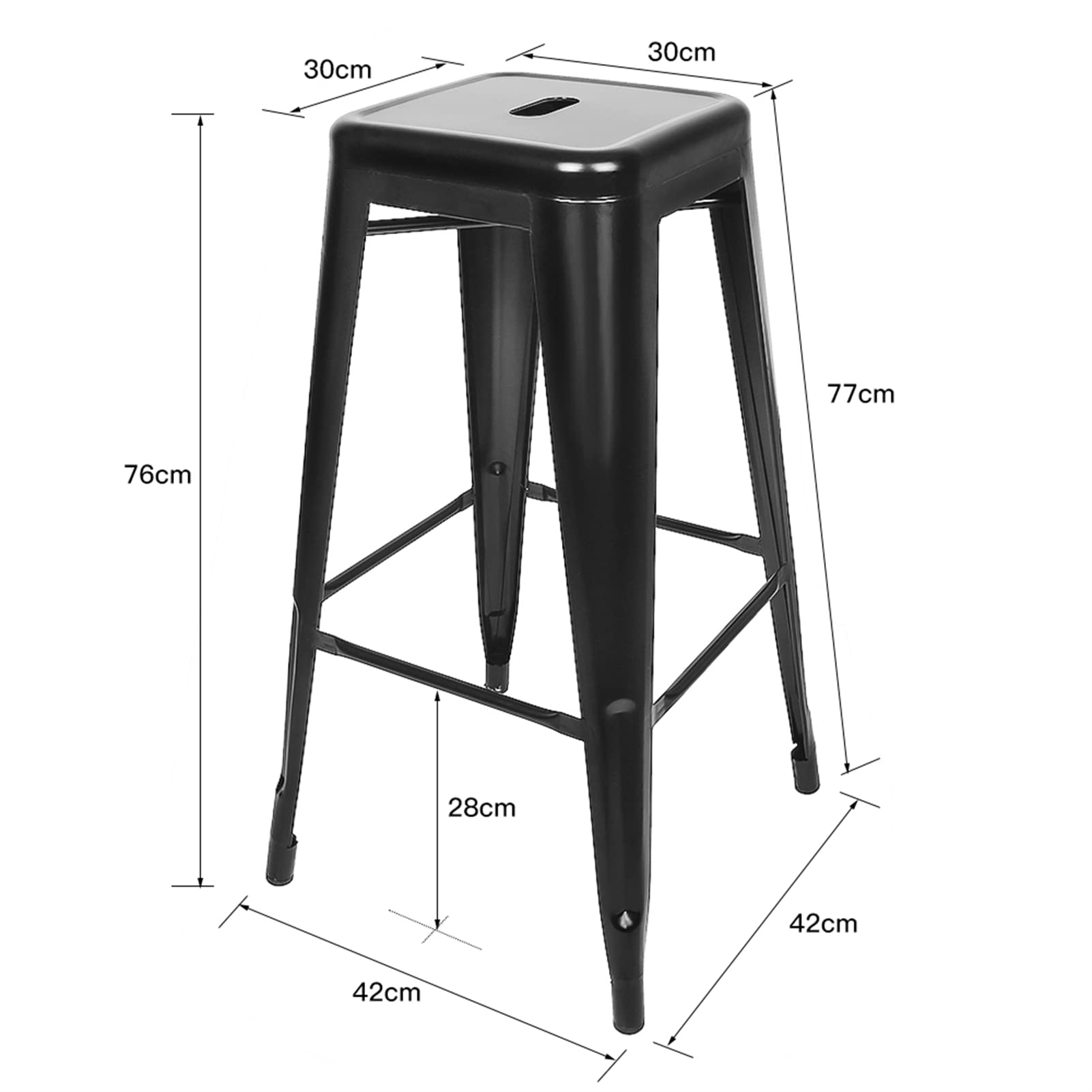 Baiyun Lot de 8 tabourets de bar en métal - En fer industriel - Empilables - Avec repose-pieds - Style rétro - Pour salle à manger, balcon, bistrot - 76 cm - Noir