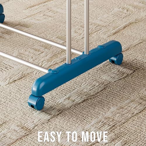 Image of amazon basics Mild Steel Double Supported 3 Layer Cloth Drying Rack | Foldable and Movable | Silver & Teal | Iron, Plastic |
