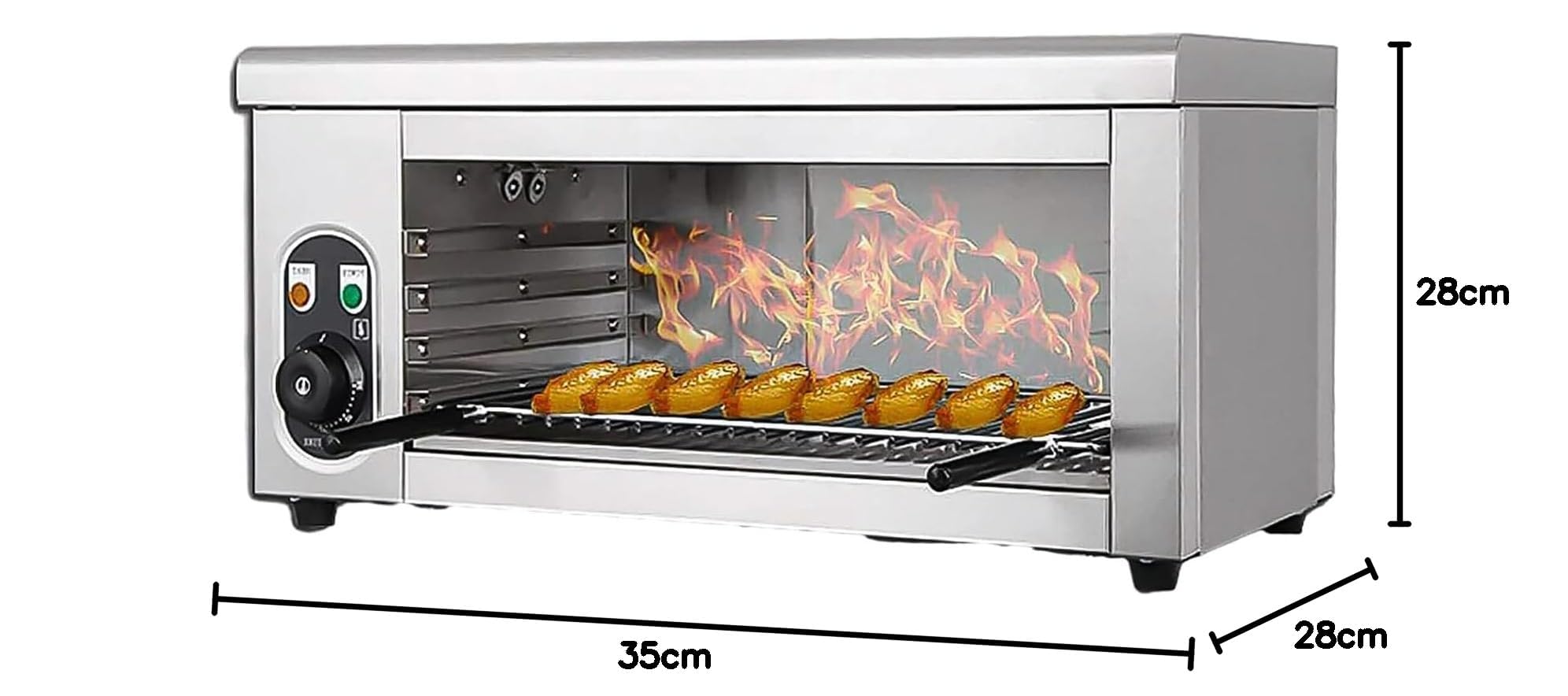 Parrilla eléctrica Comercial, Horno de sobremesa con asador Tipo salamandra y Rejilla Ajustable, 50-300 °C, Acero Inoxidable.