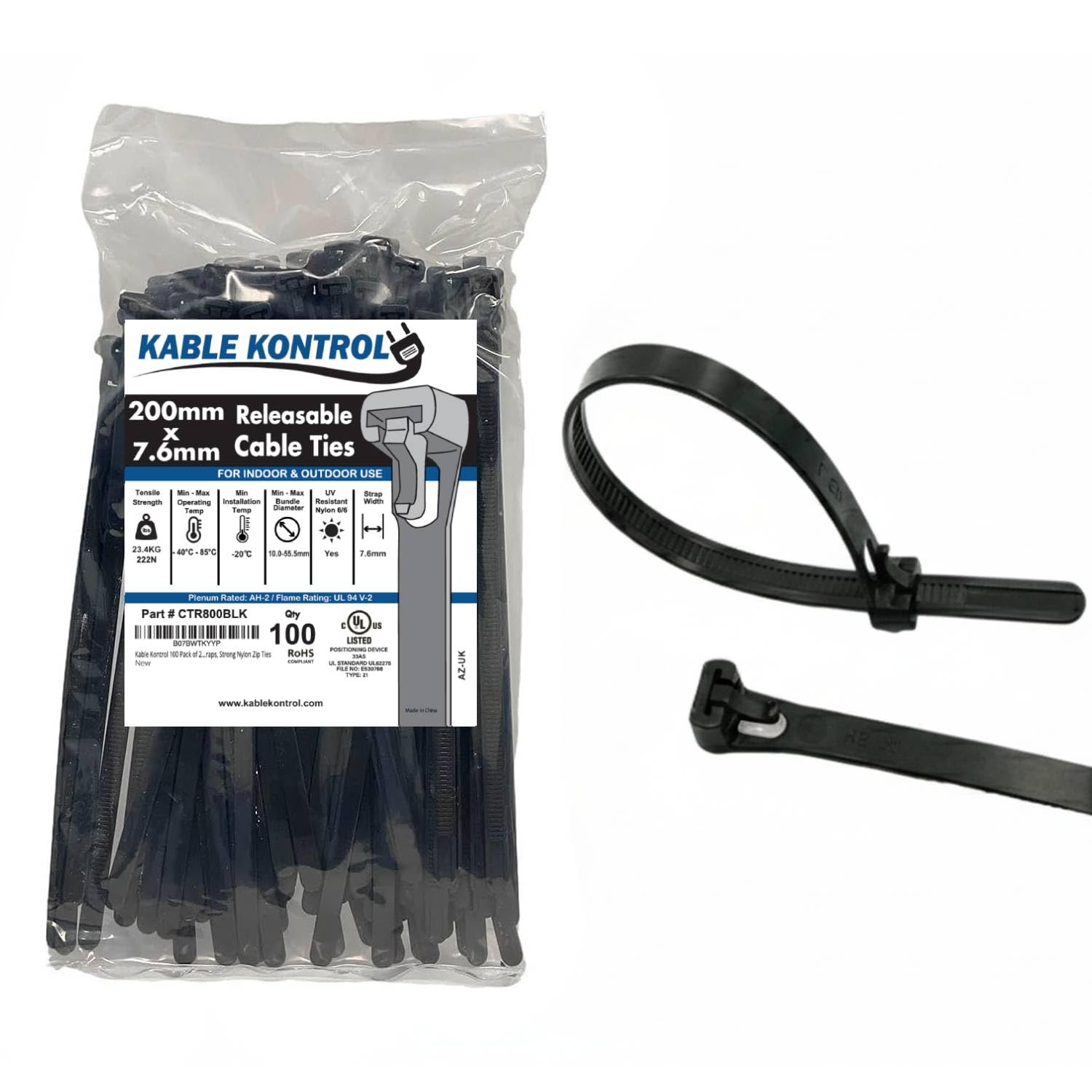 Kable Kontrol 100 Pack of 200 mm x 7.6 mm Reusable Cable Ties, Heavy Duty Black Releasable Cable Ties, 8" Premium Tie Wraps, Strong Nylon Zip Ties