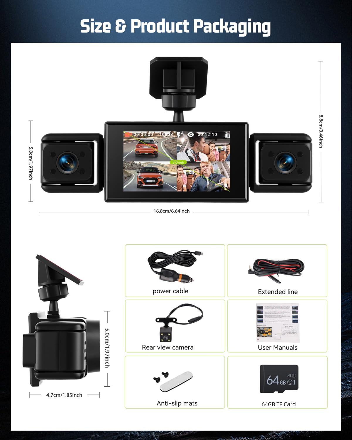 Cámara para salpicadero de 4 Canales y 1080p - cámaras Delantera, Izquierda, Derecha y Trasera, Pantalla de 3 Pulgadas, visión Nocturna por Infrarrojos, grabación en Bucle y detección de Movimiento