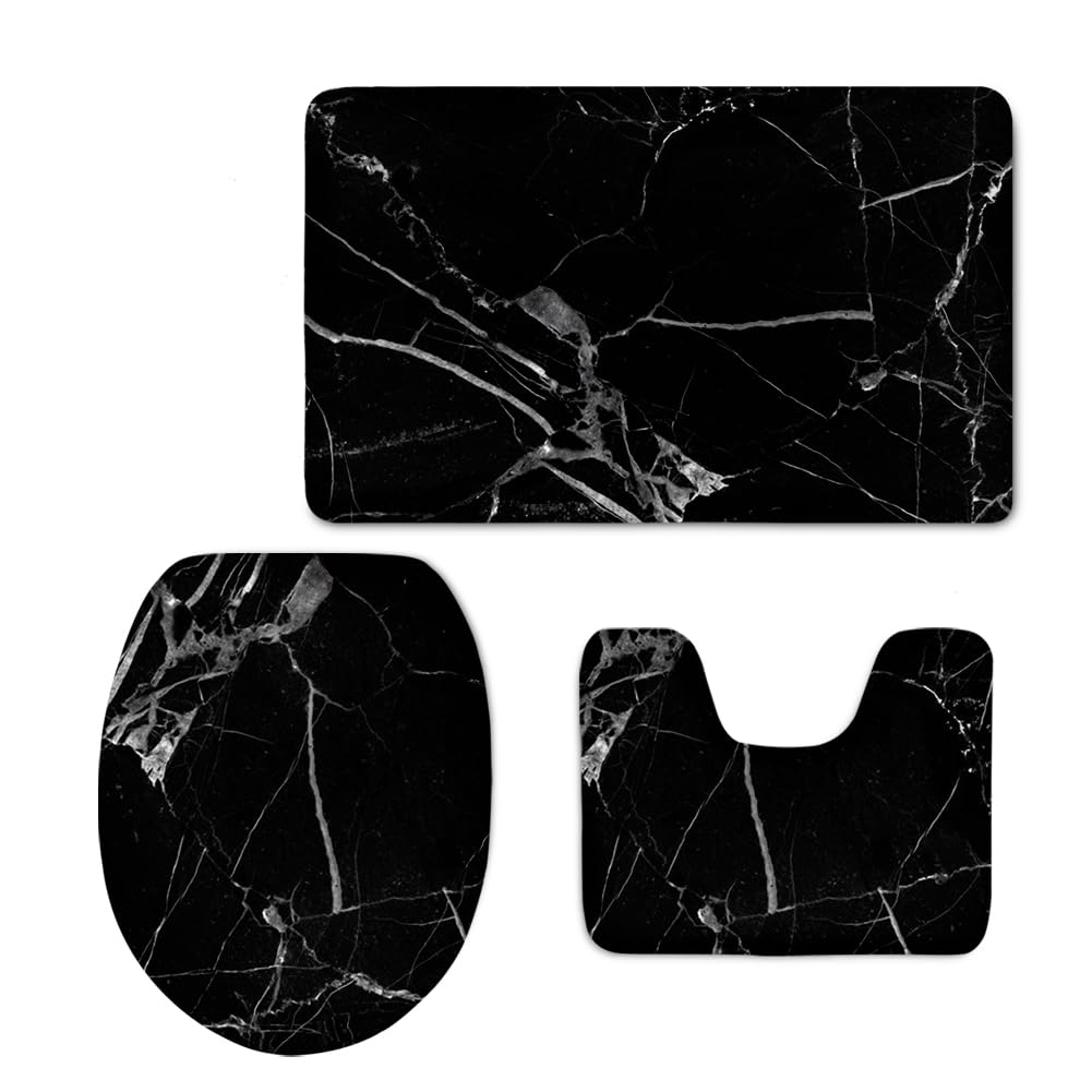 UNICEU Black Marble Bathroom Mats Set Soft Bath Rug Toilet Lid Cover, 3 Pieces Fannel Fitted Loilet Lid Covers