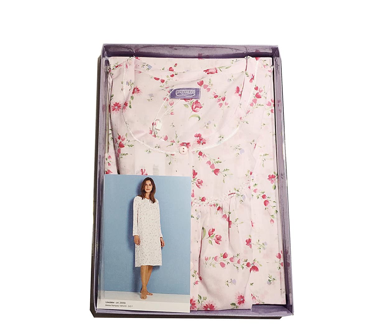 Leo Corsetteria Camisón Señora Mayor 100% Algodón Lona Manga Larga Serafino Rizado con Carrito, 1 Blanco Rosa, 52