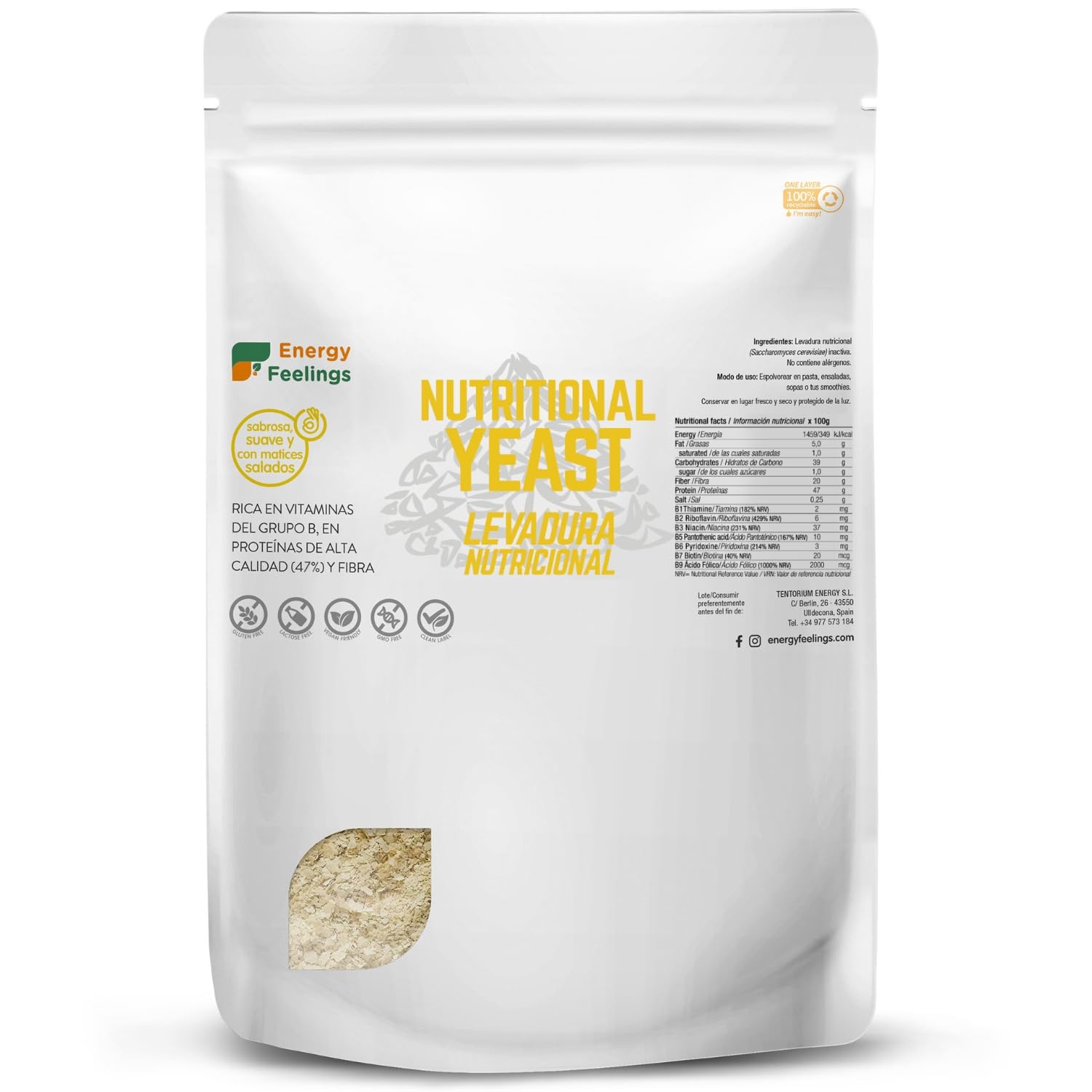 Energy Feelings Levure Nutritionnelle 1kg, Levure Sans Gluten Dietetique, Riche en Vitamines B et en Protéines Sans Sucre 47%, Nutritional Yeast Idéal pour le Fromage Vegan