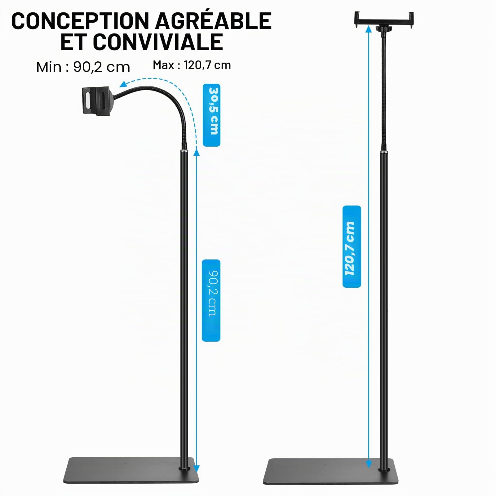 Support métal rotatif 360° Support flexible col de cygne Pour iPad Mini, Air, Pro, smartphones et tablettes (4,5 à 12,9 pouces)