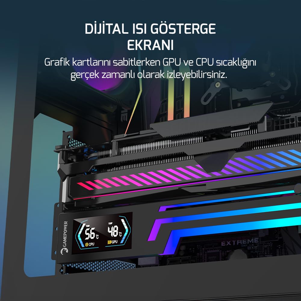 GAMEPOWER Heatsync ARGB LCD Support de carte graphique Noir - Support GPU avec affichage de la température CPU/GPU en temps réel - Écran 2,64" - Synchronisation ARGB 5 V 3 broches - Construction en