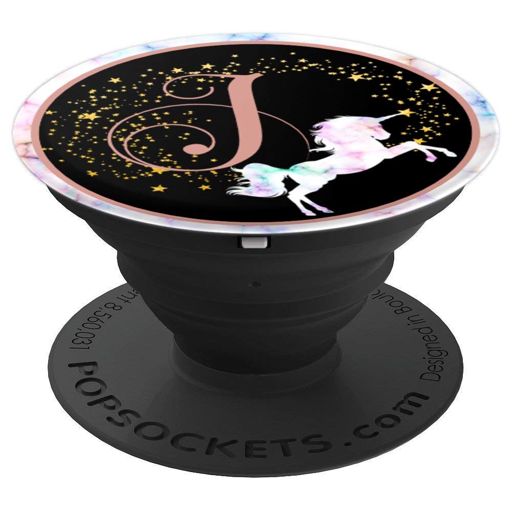 Pink Monogram Letter J Initial Rainbow Unicorn PopSockets Adhesive PopGrip