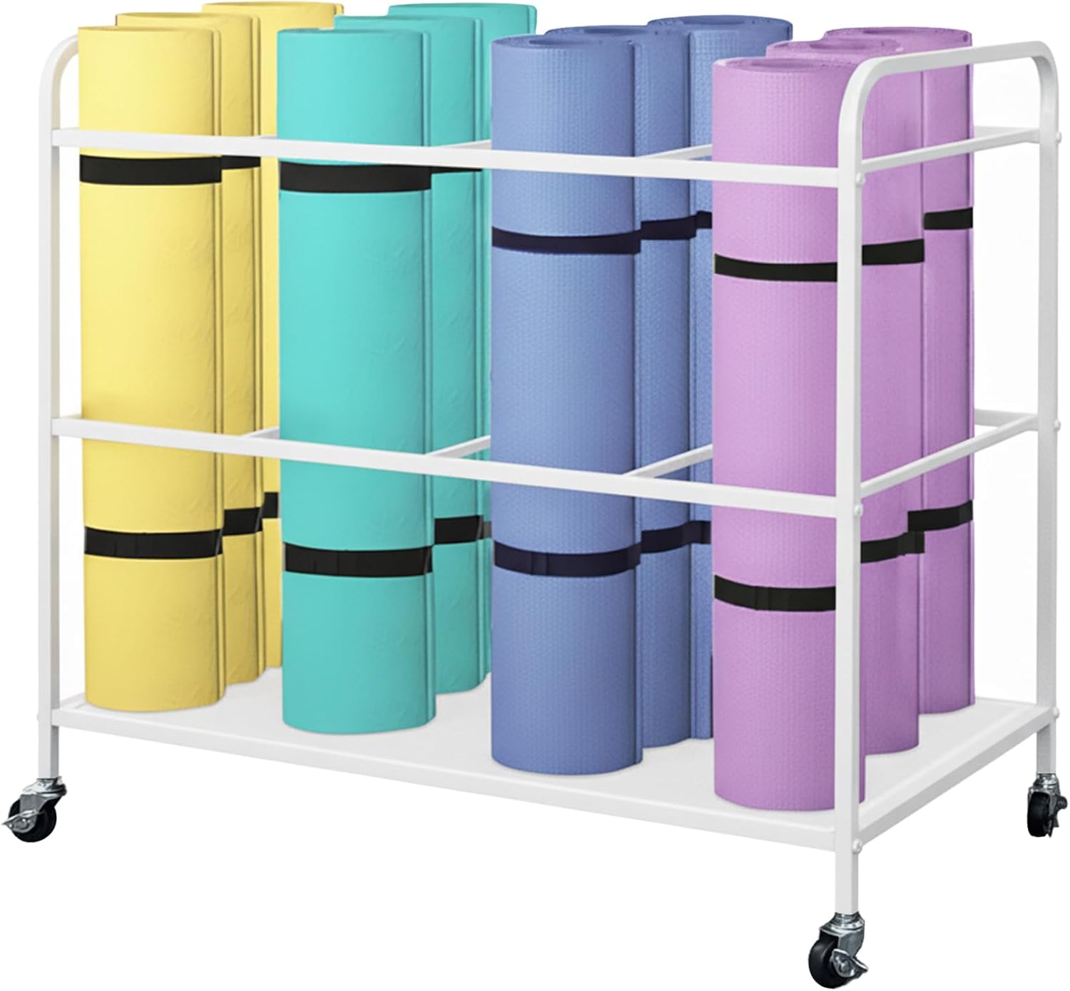 Yoga Mat Rack Storage Basket with Wheels,All-in-One Organizer for Yoga Mat Holder,Home Gym Equipment Storage Cart for Dumbbells, Kettlebells and Foam Rollers