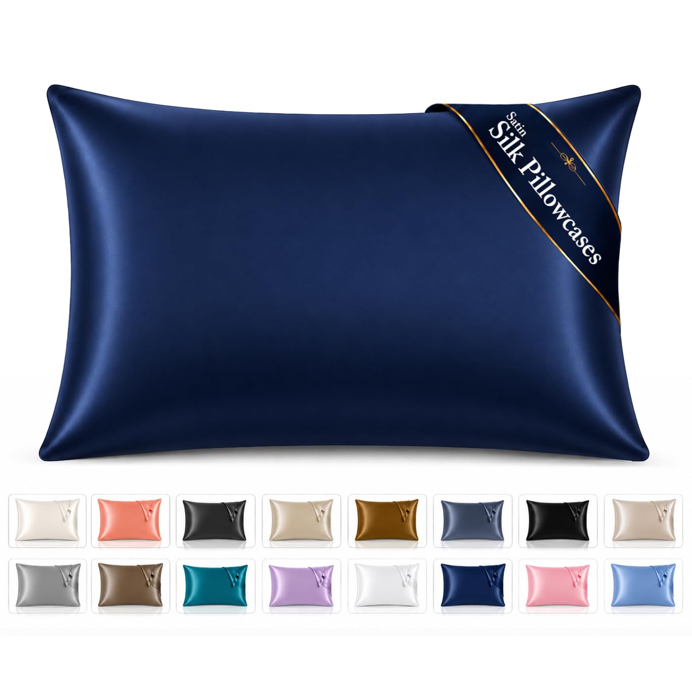 Pamposh Satin Silk Pillowcases For Hair And Skin 2 Pack Standard Size with Envelope Closure (2 Pcs Pillowcases (50 x 75 cm), Navy)