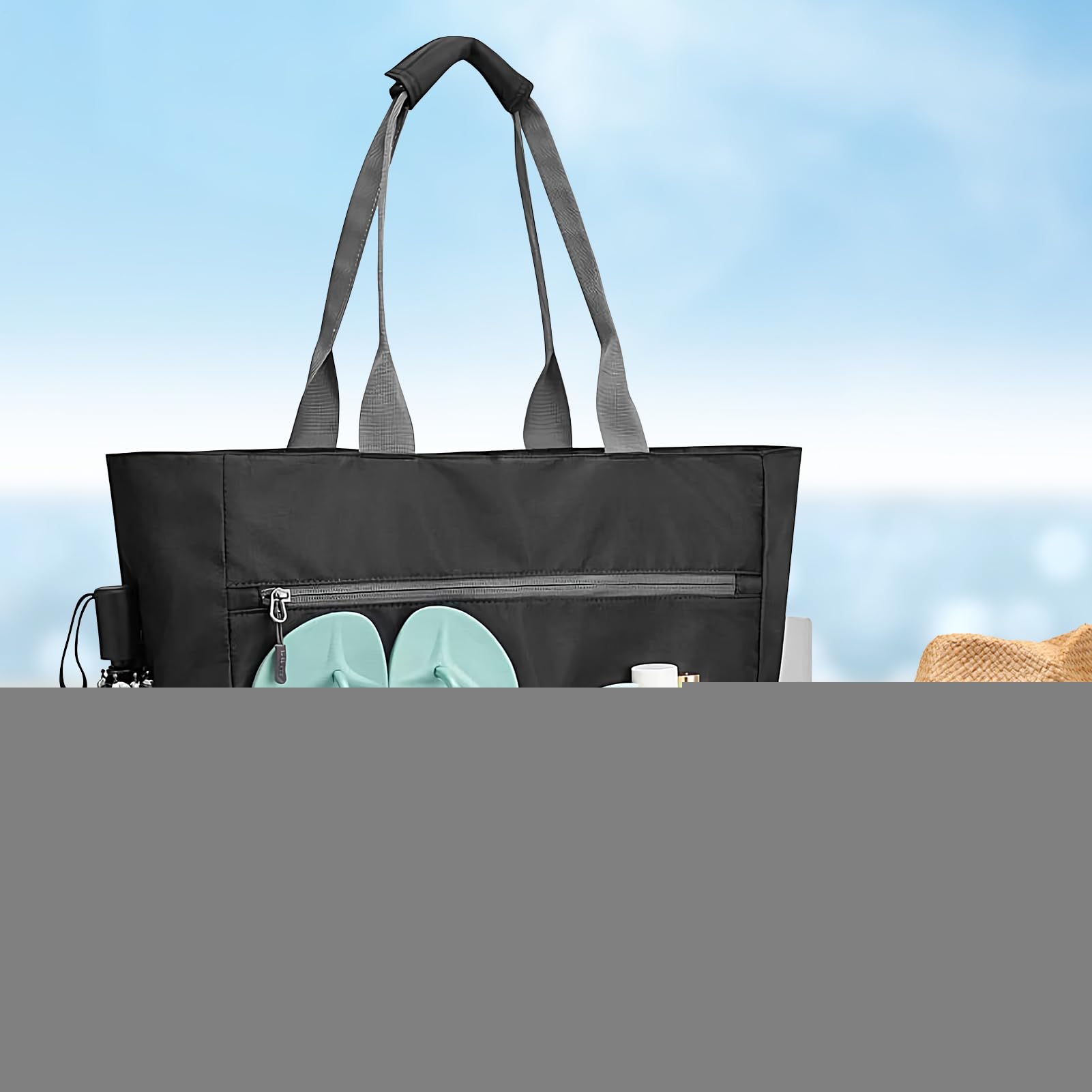 Sac de plage – Sac fourre-tout imperméable pour épicerie pique-nique | Organiseur résistant au sable pliable pour les vacances, les bouteilles d'eau, les lunettes de soleil, la piscine, les femmes