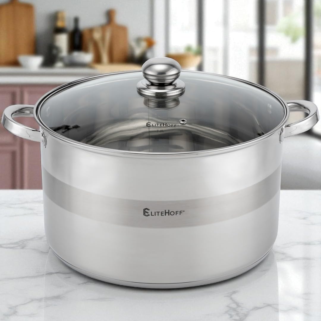 EliteHoff Kochtopf, 7-Lagen Edelstahl Topf Induktion Kochtöpfe Nudeltopf Suppentopf mit Glasdeckel für alle Herdarten Spülmaschinenfest (14.7L - 32 cm)