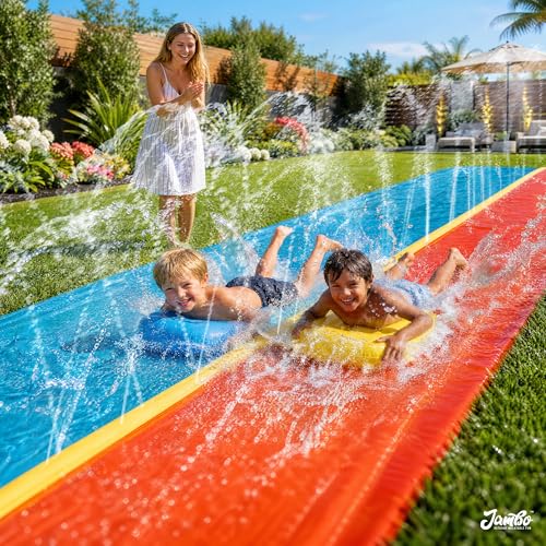 Image of JAMBO 22ft Double Lane Slip Splash and Slide with 2 Bodyboards with Built in Sprinkler for Backyard Outdoor Water Fun for Kids