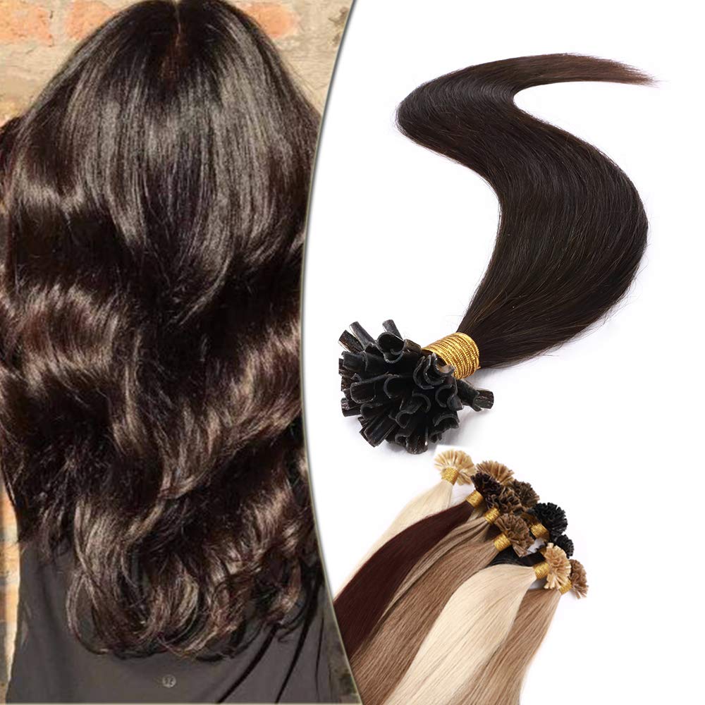 SEGO Extensions Echthaar Bondings Keratin U-Tip Remy Human Hair Haarverlängerung 50 Strähnen Dunkelbraun#2 24"(61cm)-50g