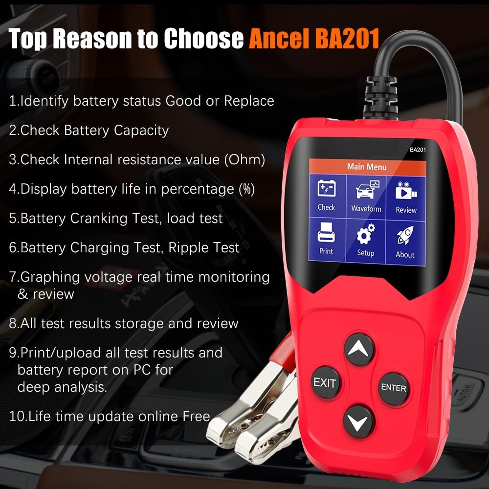 Comprobador de Baterias de Coche, Probador de batería de coche BA201, 12 V, 100-2000 CCA, comprobador de carga y arranque, analizador digital, herramientas de batería