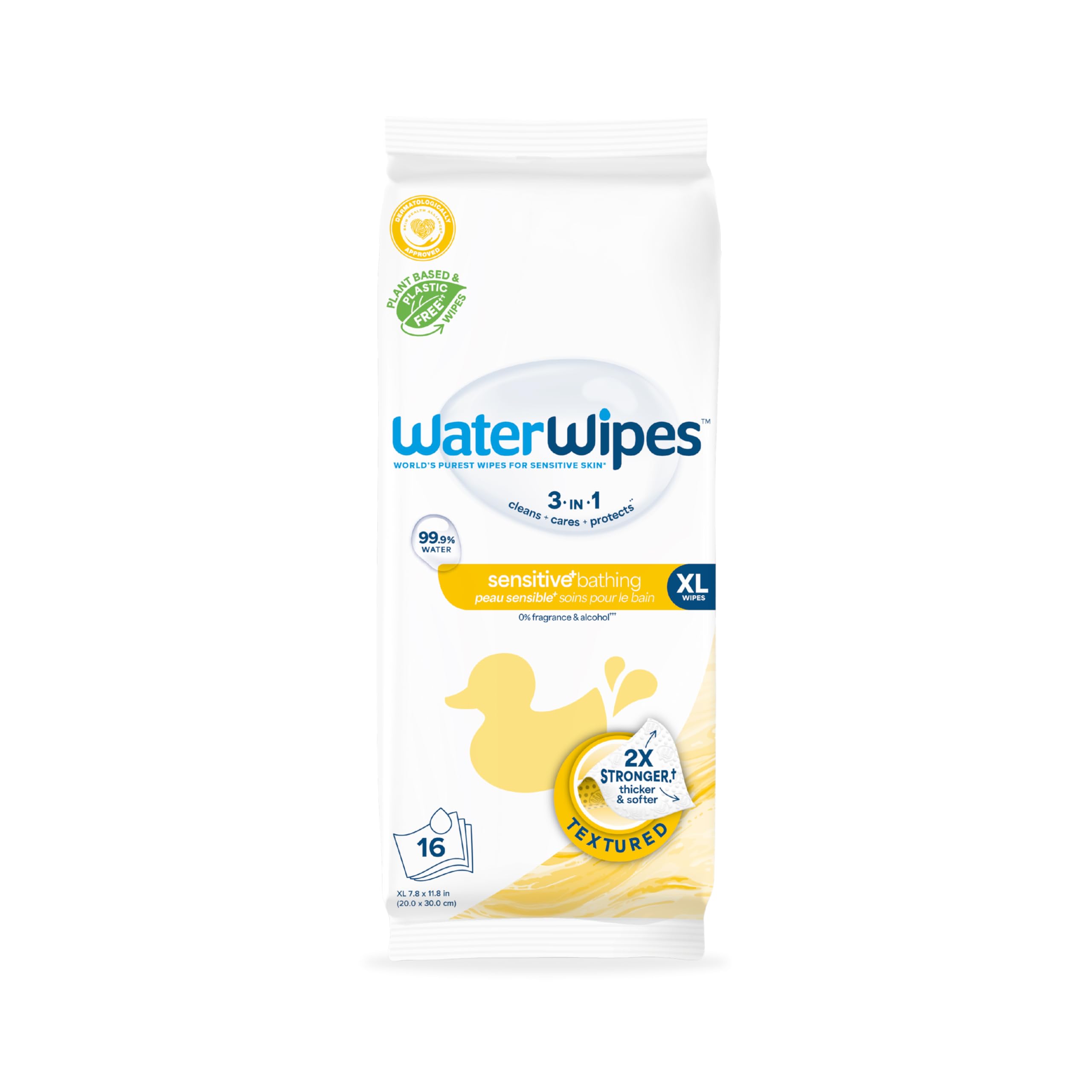 WaterWipesSensitive+ Bathing Wipes, 3-In-1 Cleans, Cares, Protects, 99.9% Water, Unscented & Hypoallergenic, 16 Count (1 Pack)