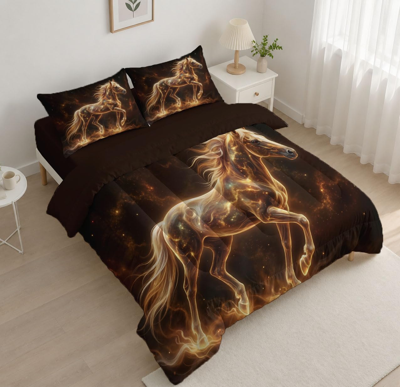 Fantasy Animals Quilt Set King 3 Pieces, Golden Orange Quilts Bedding Set Starry Sky Steed Bedspread Bed Cover Lightweight Spring Summer Beds Coverlet for All Season - 104"X90"