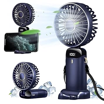 HASTHIP?? Hand Fan for Women, Mini Small Portable Fan with USB Charging, 5 Speeds Fan with Lanyard, Fragrance Sheet and Base, Built-in 3000mAh Battery, Foldable 90??, LED Battery Level Display (Blue)