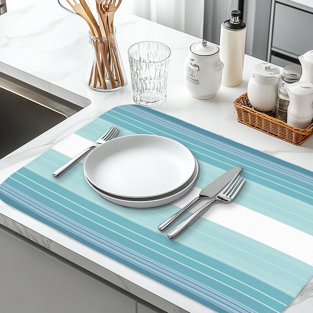 INFUNLY Tapis de séchage à vaisselle à rayures bleues 60 × 45 cm en microfibre polyester coton bleu absorbant tapis de comptoir résistant à la chaleur séchage rapide boucle de suspension
