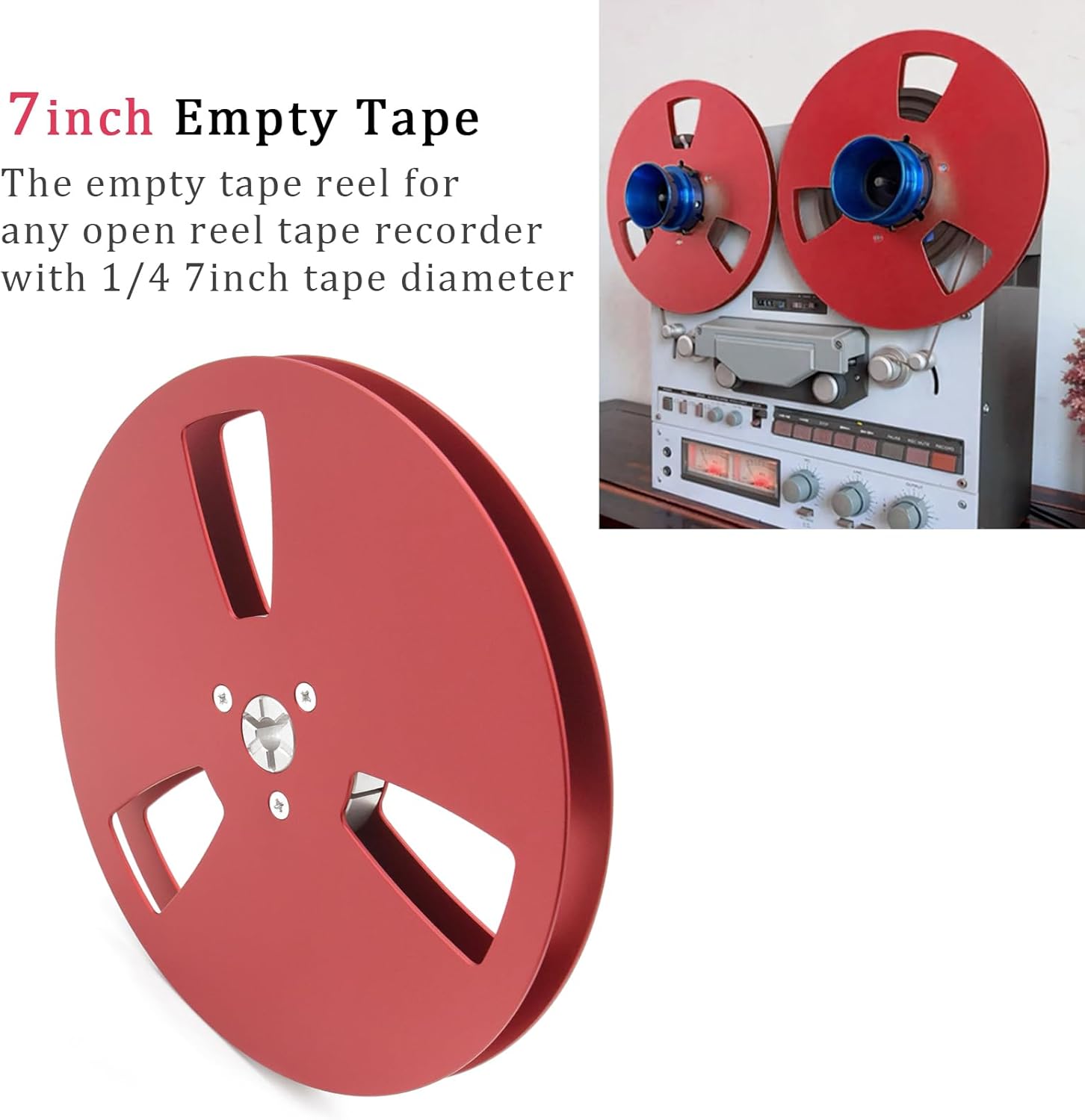 1/4 7 Inch Empty Takeup Reel, 3-Hole Aluminum Alloy Open Reel Audio Accessory for Reel to Reel Players, Fits TEAC/Studer/ReVox/Akai - Red