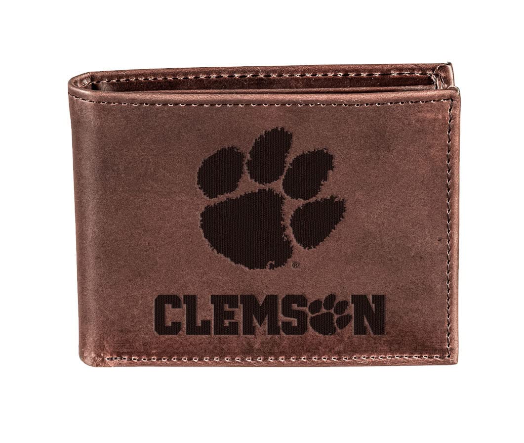 Evergreen Team Sports America NCAA Clemson University Brown Wallet | Bi-Fold | Officially Licensed Stamped Logo | Made of Leather | Money and Card Organizer | Gift Box Included