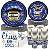 200pcs Graduation Party Supplies Plates and Napkins Cups Serve50, Class of 2023 Blue Gold Disposable