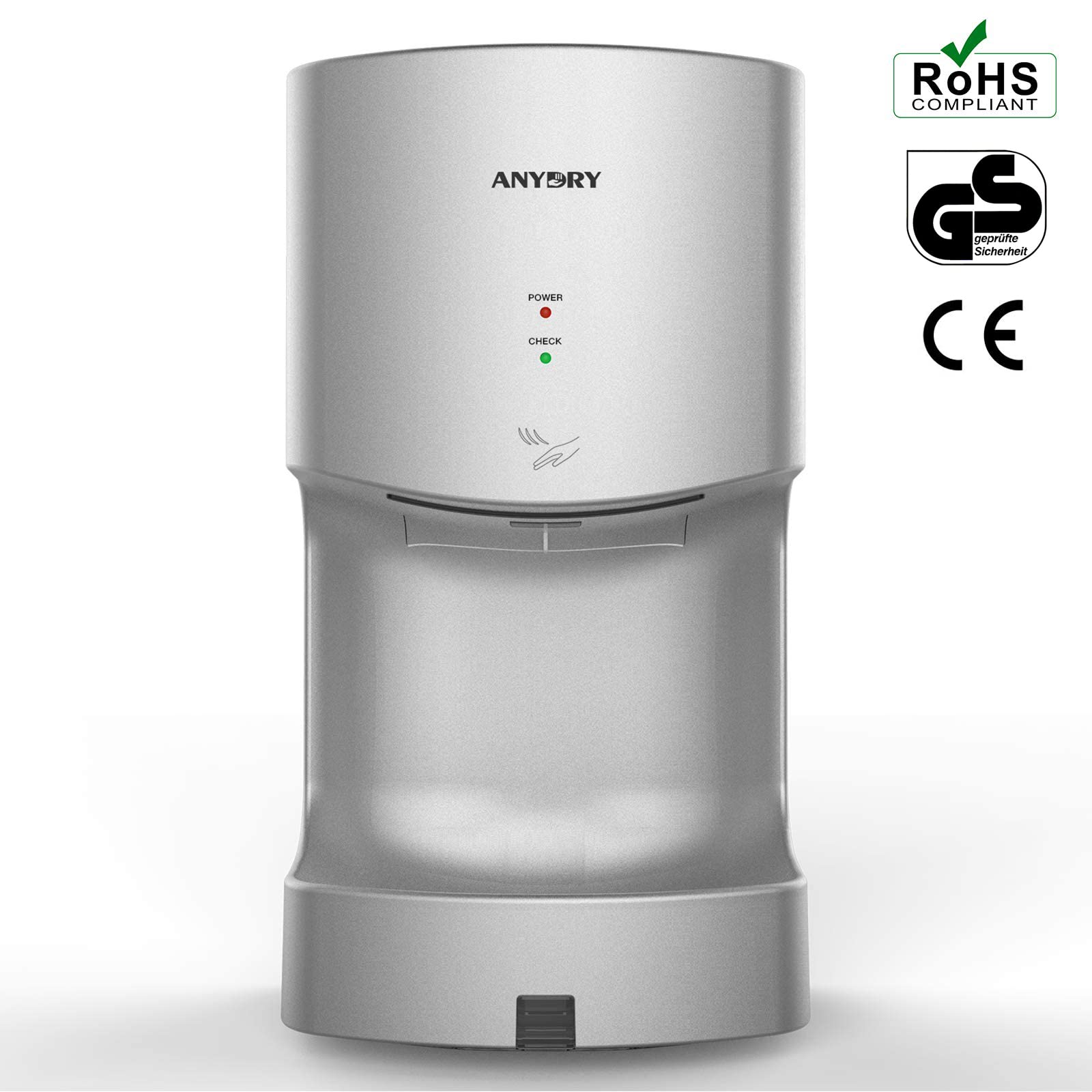 anydry 2630T Haute Vitesse sèche-Mains électrique,seche Mains Automatique Mural avec égouttoir,Commercial et Domestique,ABS 1400-1650W(Argent)