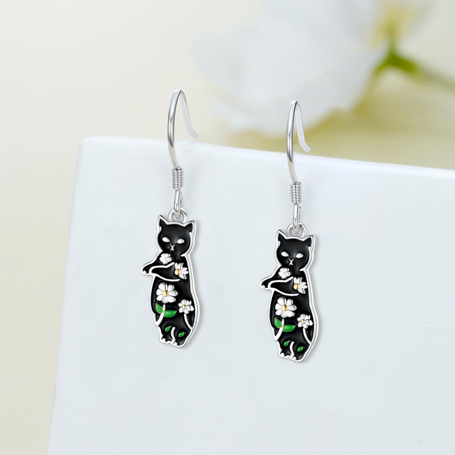 Black Cat Earrings S925 Sterling Silver Daisy Cat Earrings for Women Cat Jewelry Gifts for Women - Image 2