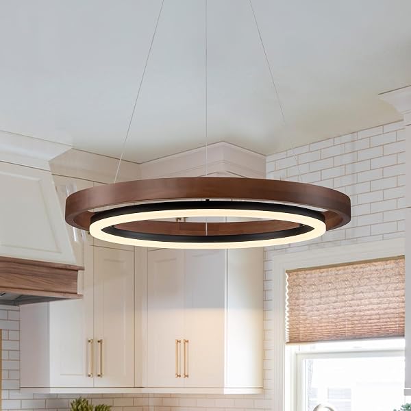 HUOKU Modern Wooden LED Chandelier Walnut Color Round Dining Room Light Fixtures