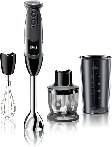 Braun MultiQuick Vario 5 Handheld Immersion Blender w/EasyClick, 21-Speed | #1 Hand Blender Brand, Single Hand Operation, SplashControl Technology, EasyClick, Food Processor, Whisk, Beaker - MQ5025 - Blender, Whisk, Beaker & Chopper