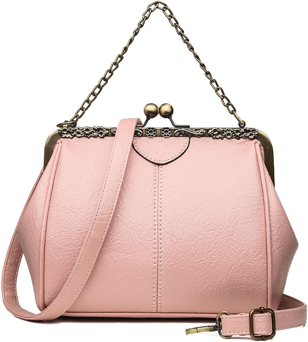 Retro Handbags and Purses for Women Chain Kiss Lock Top-Handle Satchel PU Leather Shoulder Bag Hollow Tote(Pink)