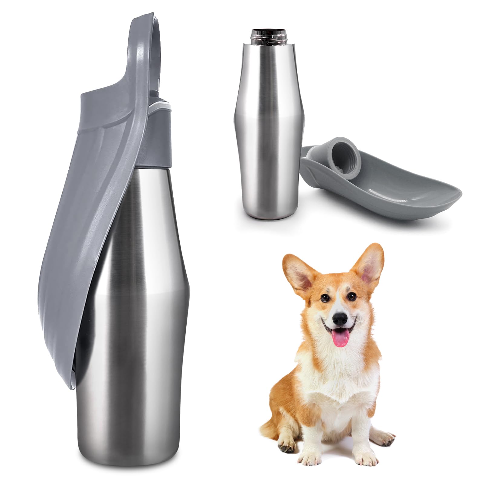 Botella de agua para perros, 750 ml, de acero inoxidable, para perros, plegable 180°, botella de agua portátil para perros, botella de agua portátil para perros, de acero inoxidable, para caminar