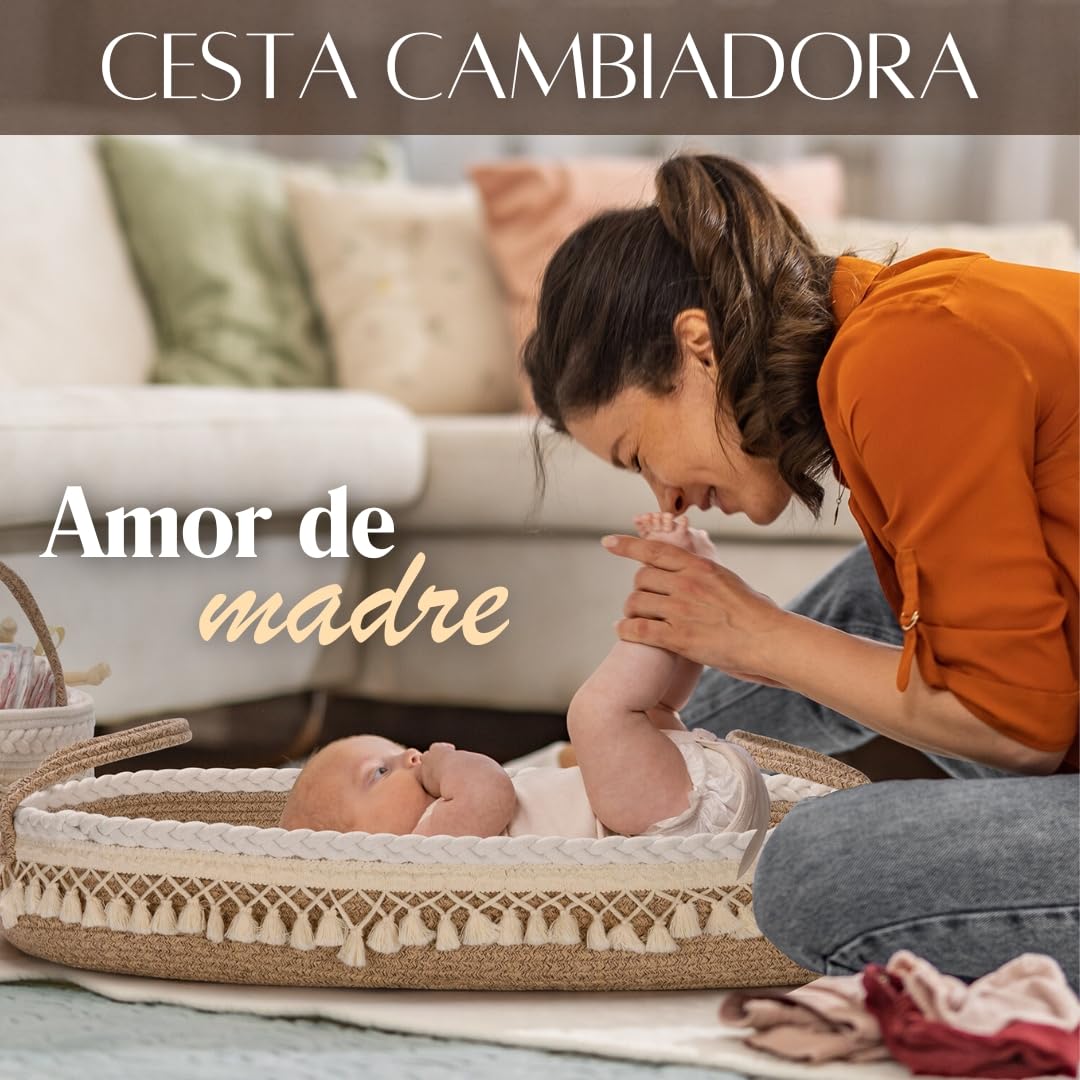SEBRAM Cesta Cambiador Bebé + Colchón cambiador Impermeable limpieza rápida suave y acolchado - Cambiador de pañales Portátil y Plegable con Bolsa de Viaje | Diseño Elegante Boho (Beige)