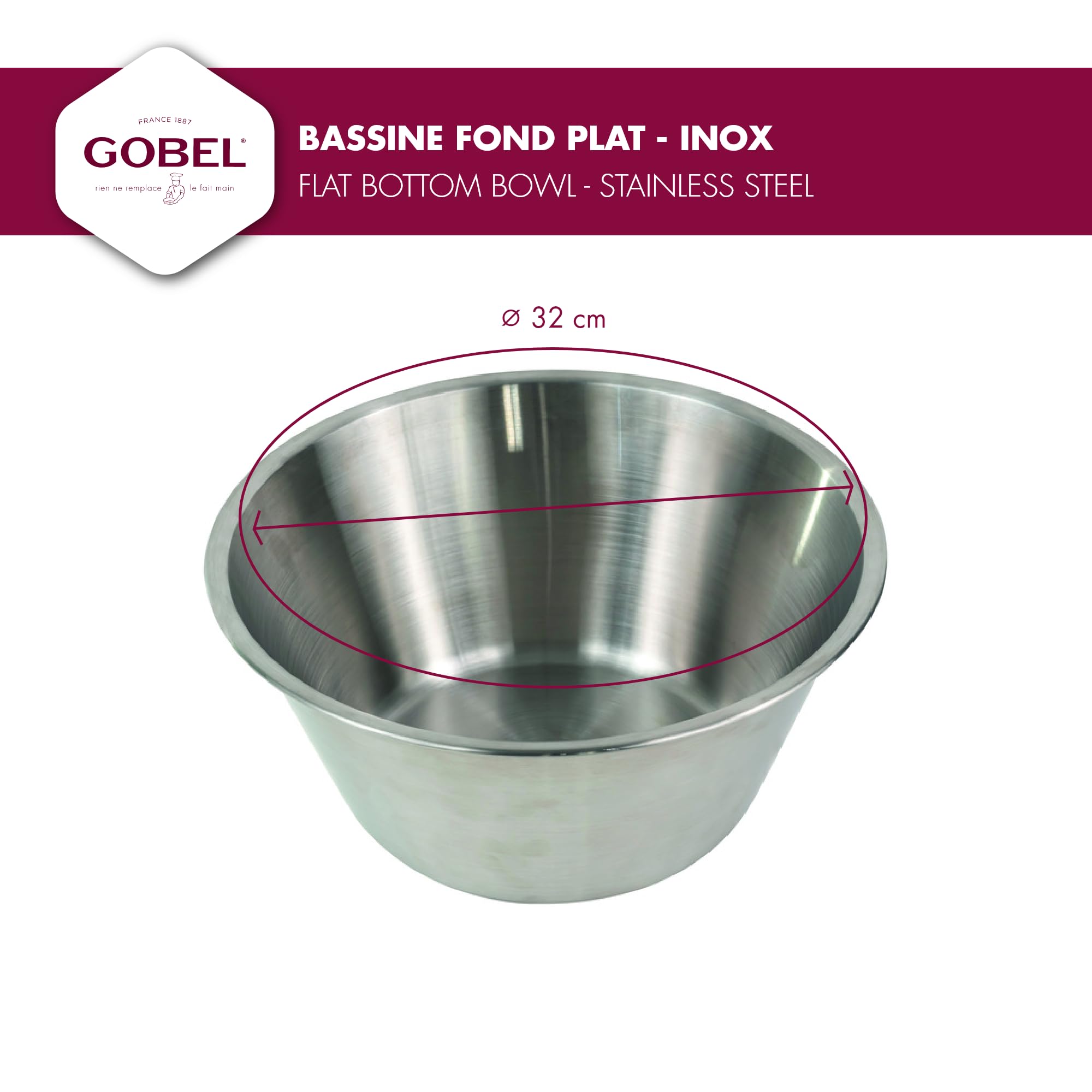 Gobel - Cuenco de acero inoxidable con base plana de 32 cm - Cuenco para mezclar profesional - Gran capacidad para cocina y pastelería - Resistente y duradero - Apto para lavavajillas, gris