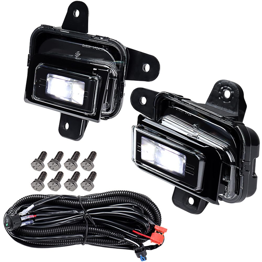 Anzios Compatible with 2022-2024 GMC Sierra 1500 AT4 Denali SLT PRO SLE Elevation Set of 2X White LED Fog Light IP67 + 2X Foglight Trim Bezel + Wiring Harness, GM1038290, 84878759