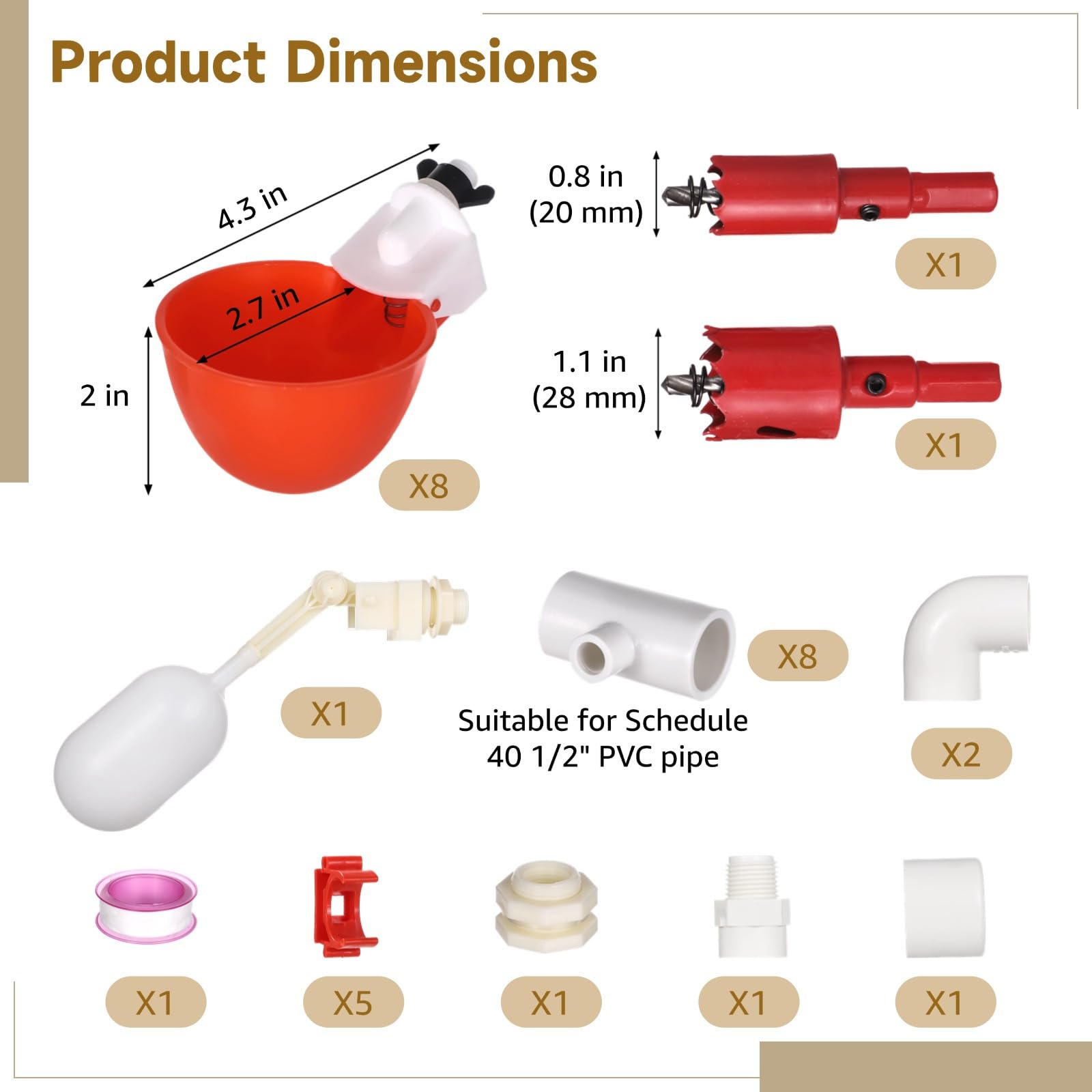 Sistema di irrigazione automatica per pollame, kit completo di condutture in PVC con otto bicchieri, connettori a T, valvola galleggiante, alimentatore per tubi per polli, facile montaggio fai da te
