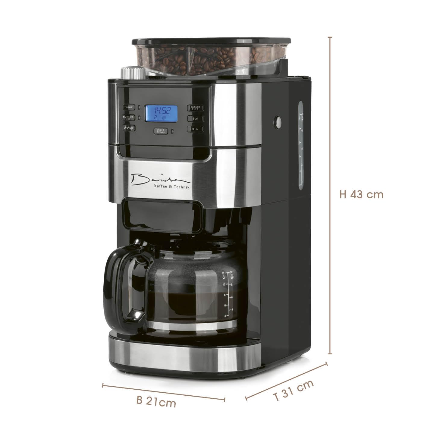 Barista Kaffee & Technik ekspres do kawy z filtrem z młynkiem ze szklanym dzbankiem | ze szklanym dzbankiem na maks. 10 dużych filiżanek kawy | do ziaren kawy i zmielonej kawy