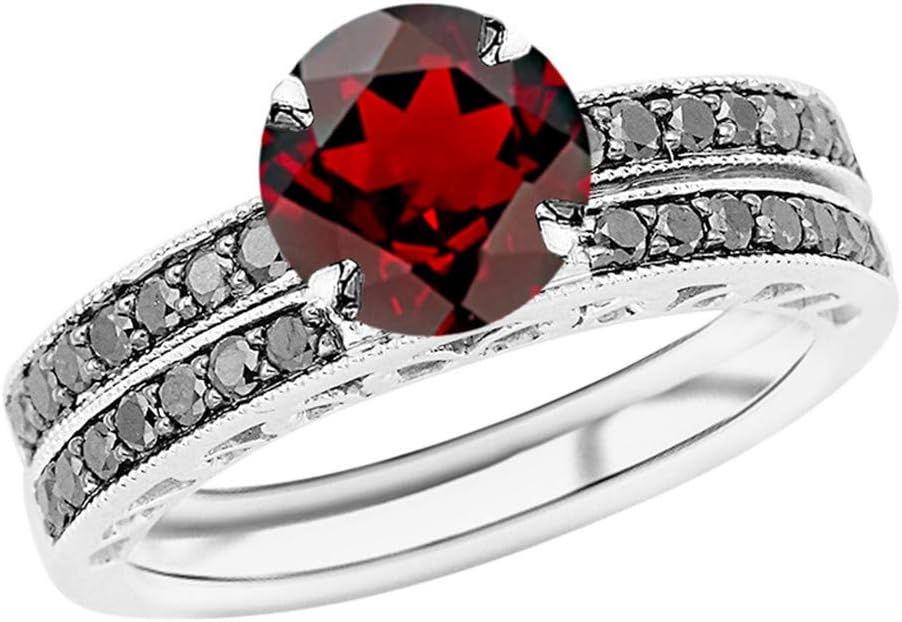 Houston Diamond District 1.02 Carat Pave Set Black Diamond Engagement Ring and Wedding Band Set w/a 0.75 Carat Round Cut Red Garnet Heirloom Quality