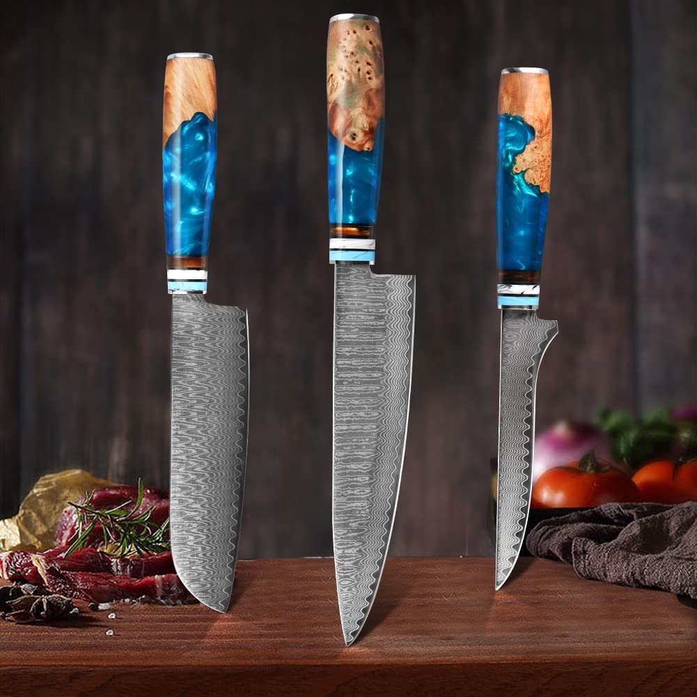 Set Couteau Cuisine, 3 Pièces Couteaux de Cuisine Professionnelle - Couteaux de Chef 20CM, Couteau Santoku 17,5CM, Couteau à Désosser 15CM - Résine Bleue Handle avec Boîte Cadeau