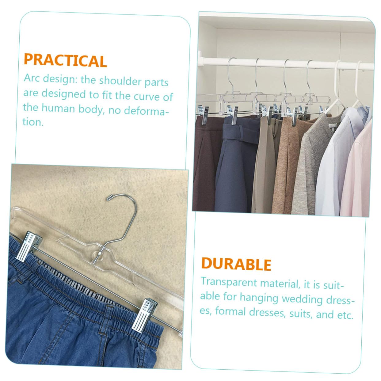 Perchas con Clips Ajustables Transparentes 10 Piezas para Pantalones | Plástico E Hierro, Gancho Giratorio en S y Diseño Curvo, Clips Móviles para Tallas Distintas