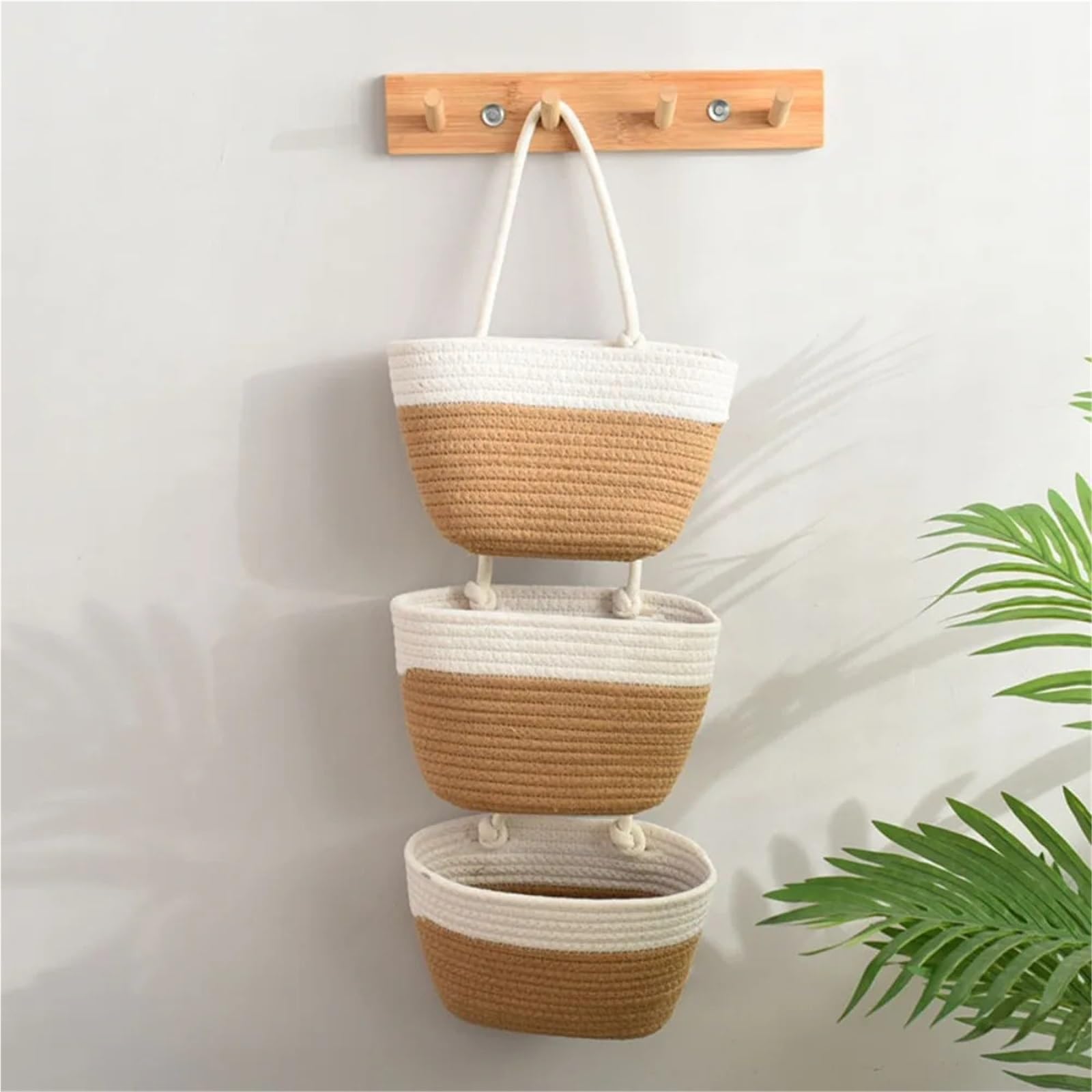 Cesta de almacenamiento for colgar en la pared 3 capas, bolsa multiusos for puerta sin perforaciones, bolsas colgantes tejidas a mano Para Hogar(Khaki)