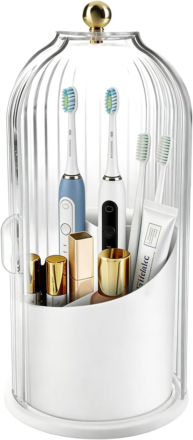 Bathroom Toothbrush Holder Organizer, 360° Rotating Toothbrush Storage Caddy with Dustproof Cover, Countertop Toothpaste Holder for Electric Toothbrushes, Makeup Brushes