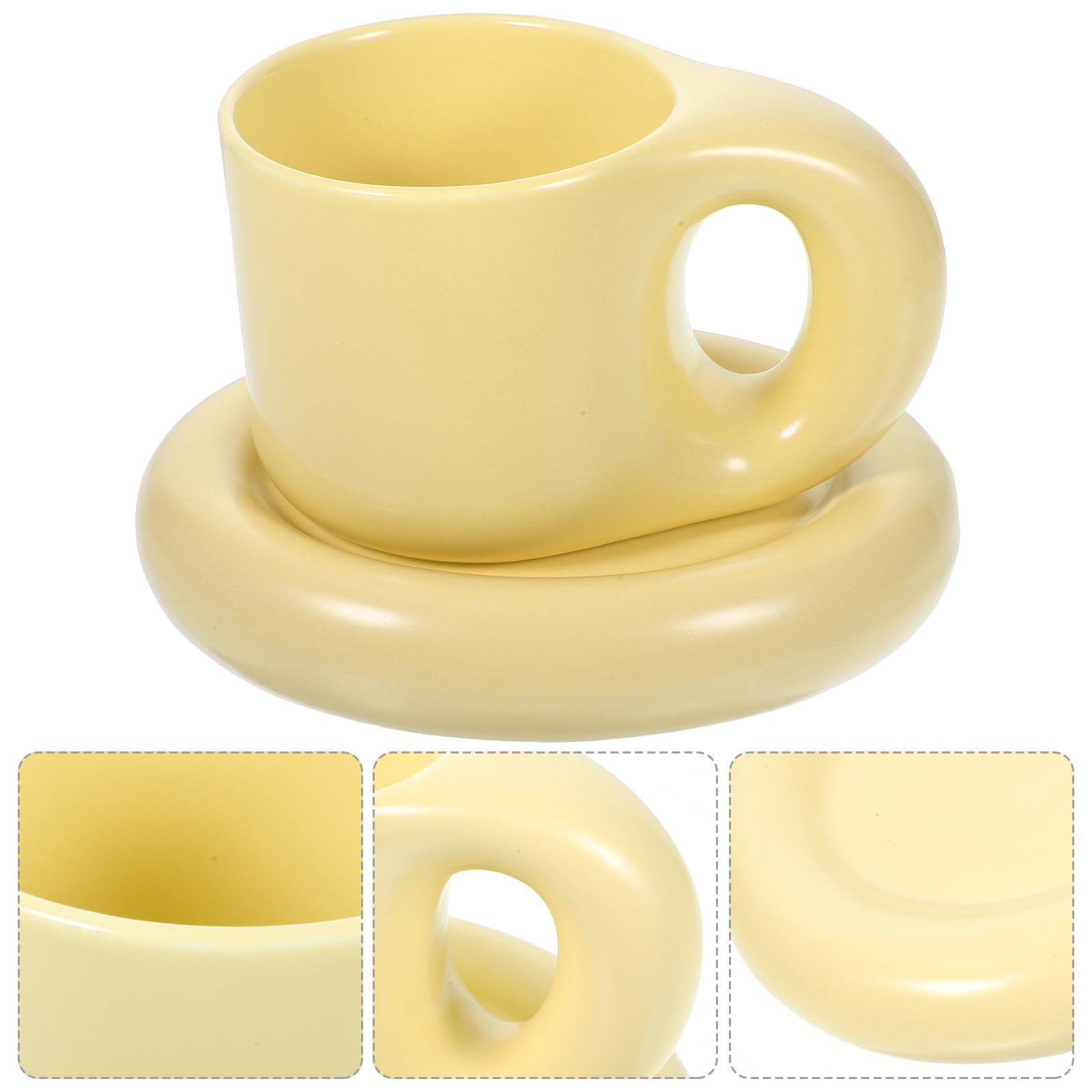 Keramik Kaffeetasse mit Untertasse 300ml Gelb Cappuccino Tassen Satz für Zuhause und Büro ohne Grate mit Glatten Runden Kanten Stilvoll und Praktisch
