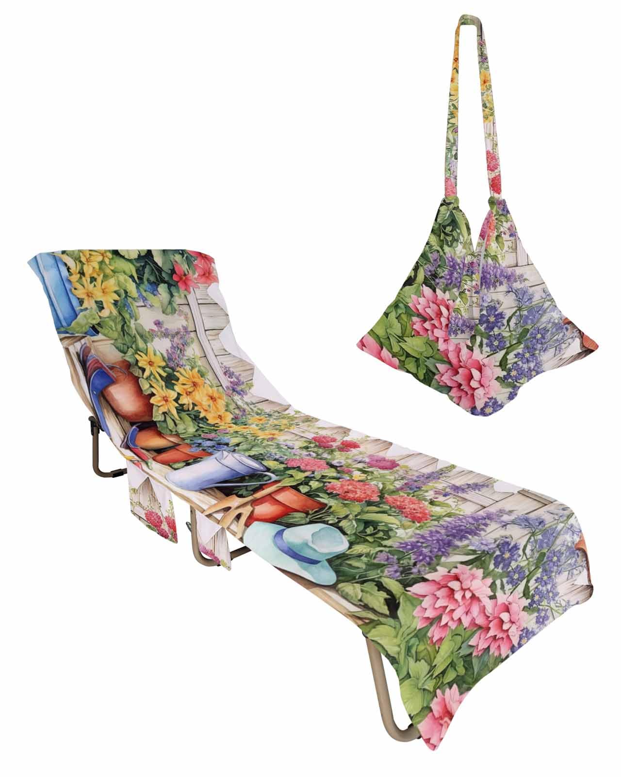 Spring Floral Beach Lounge Chair Towel Cover, Soft Chaise Lounge Towel with Side Pockets Patio Pool Chairs Cover for Beach/Pool Sunbathing 29x85 Colorful Summer Flowers Botanical